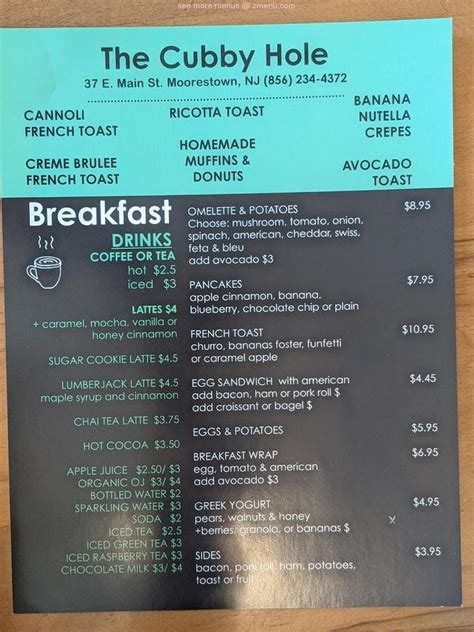 Cubbyhole menu - Make sure to visit The Cubby Hole, where they will be open from 7:30 AM to 3:00 PM. Don’t wait until it’s too late or too busy. Call ahead and book your table on (856) 234-4372. Get that dish you’ve been craving from The Cubby Hole through DoorDash. The Cubby Hole offers all sorts of meals, including vegetarian dietary options. 